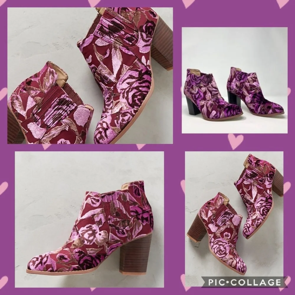 Anthropologie Pink and Burgundy Floral Velvet Ankle Boots